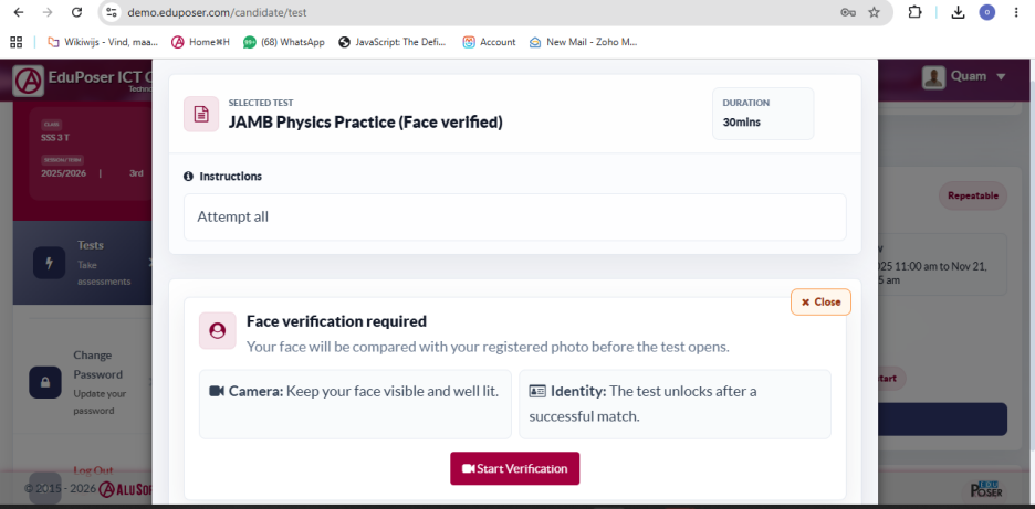 Pre-exam Verification Pop-up